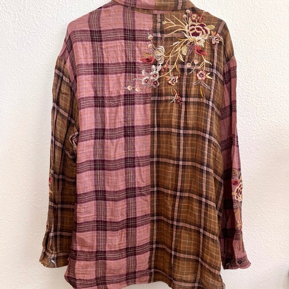 Johnny Was Pink and Brown Embroidered Plaid Top - Picture 2 of 7